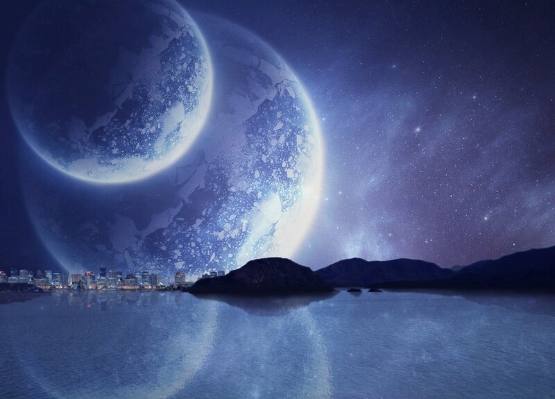 Alien Planet over City — Blue