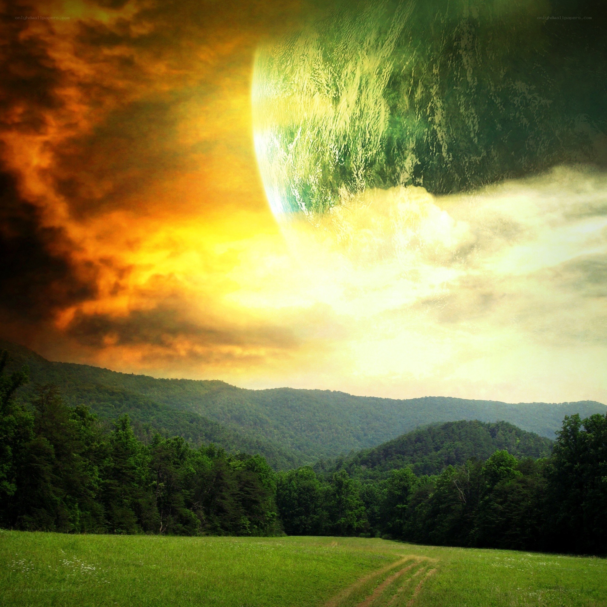 alien planet over green hills