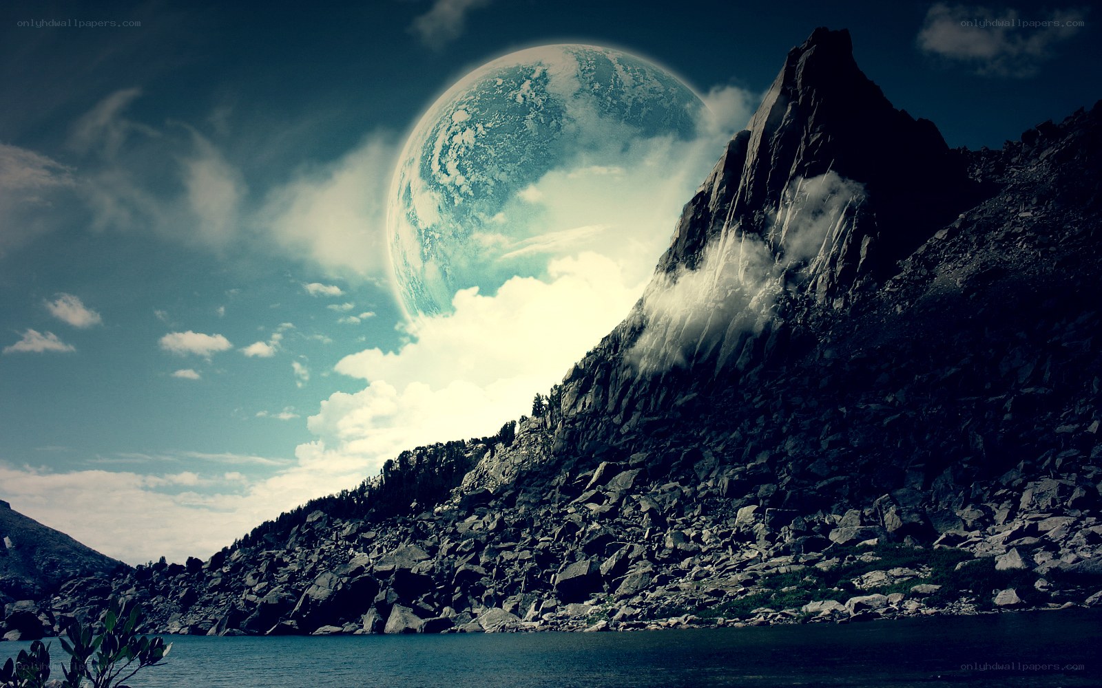 Alien planet over mountain lake