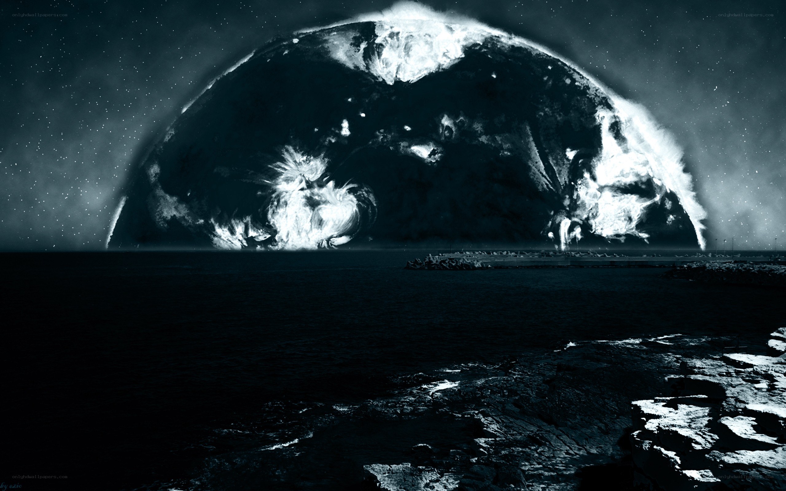 alien planet over ocean