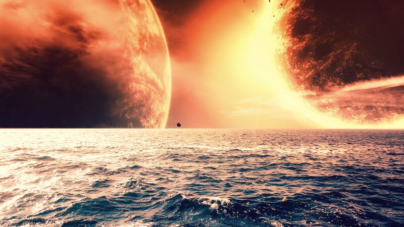 Alien Planet Seascape — Orange, Dramatic, Sunset