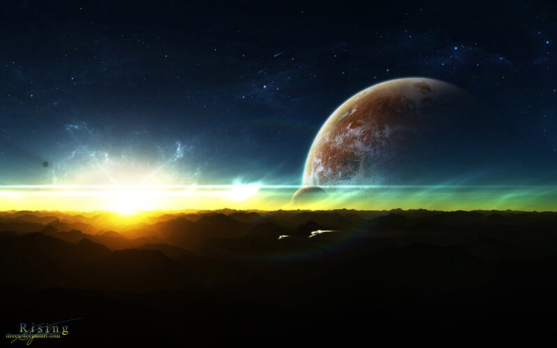 Alien planet sunrise landscape