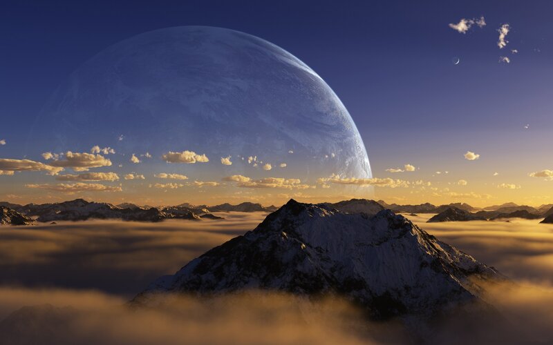 Alien planet sunrise over mountains