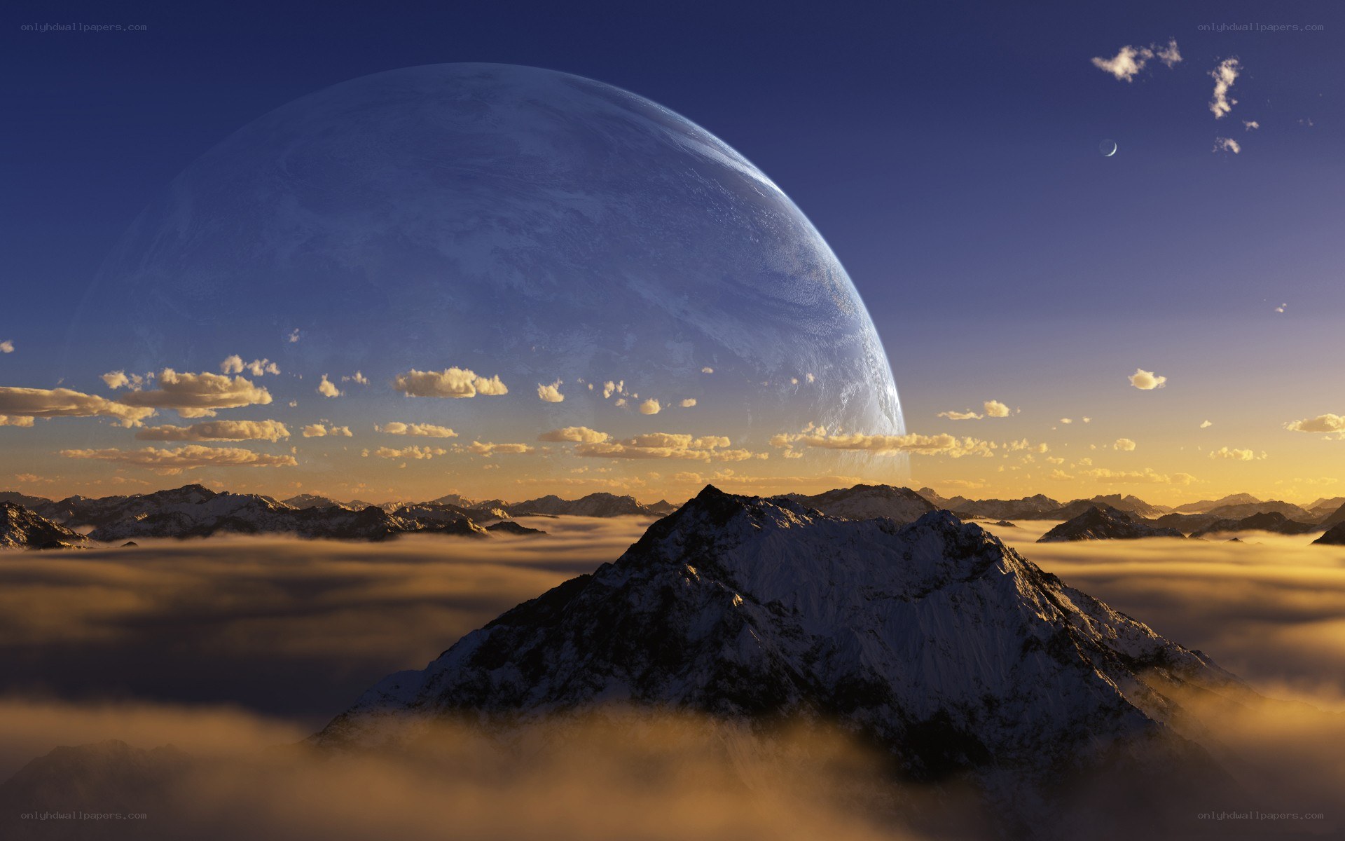 Alien planet sunrise over mountains