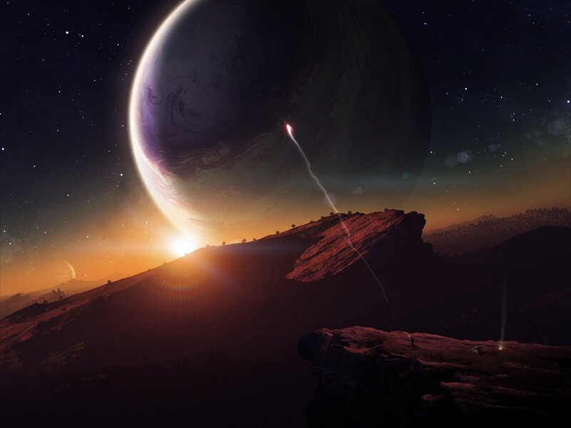 Alien planet sunrise with rocket
