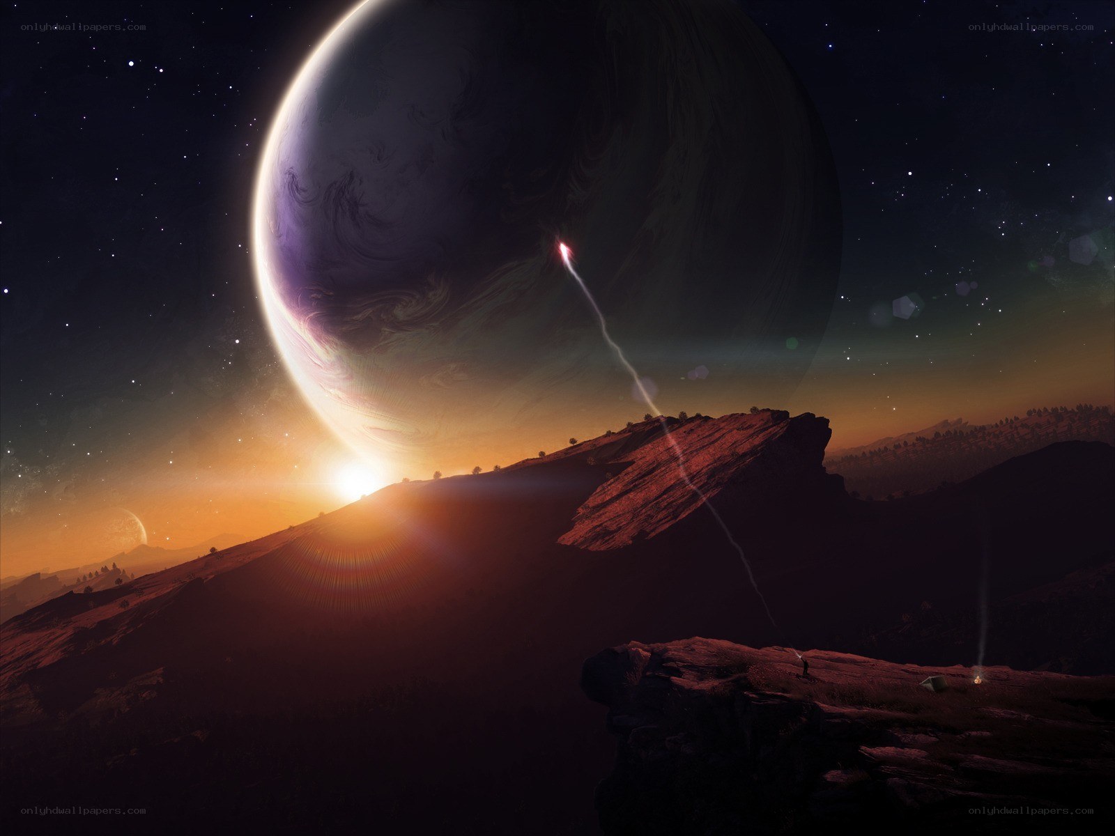 Alien planet sunrise with rocket