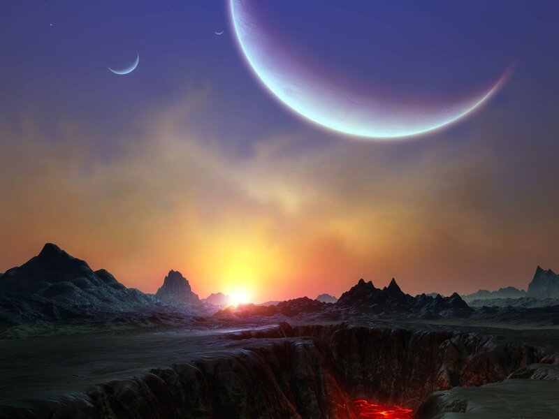 Alien planet sunset landscape