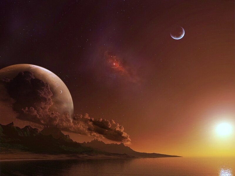 Alien planet sunset landscape