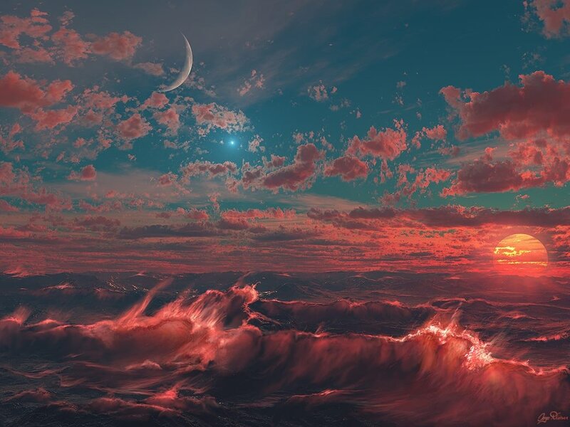 Alien Planet Sunset — Red, Dramatic, Digital Art, Moon