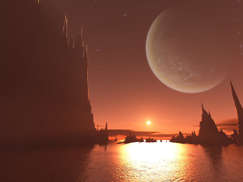 alien planet sunset scene