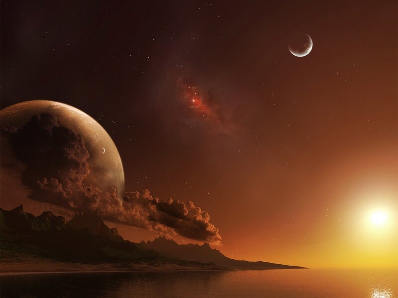alien planet sunset scene