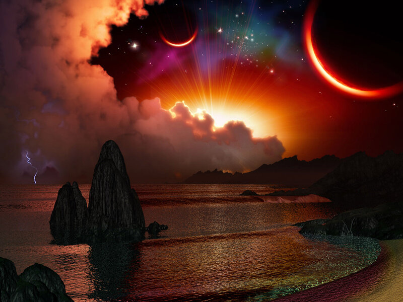 Alien planet sunset with eclipses