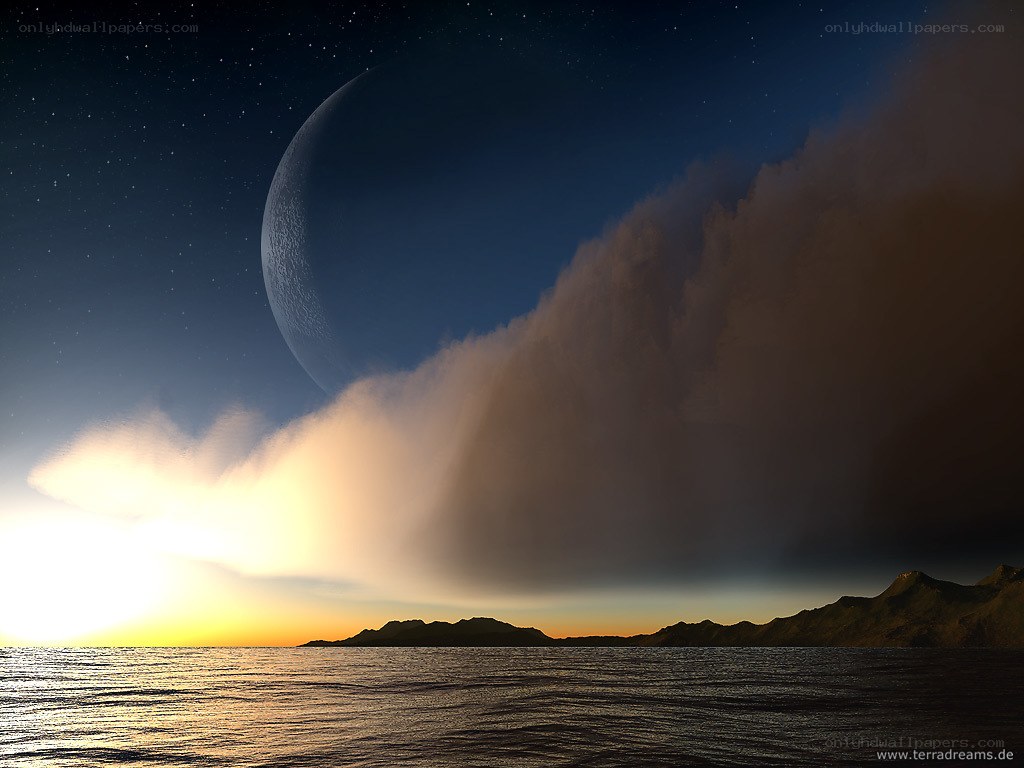 Alien planet sunset with moon