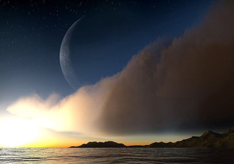 Alien planet sunset with moon