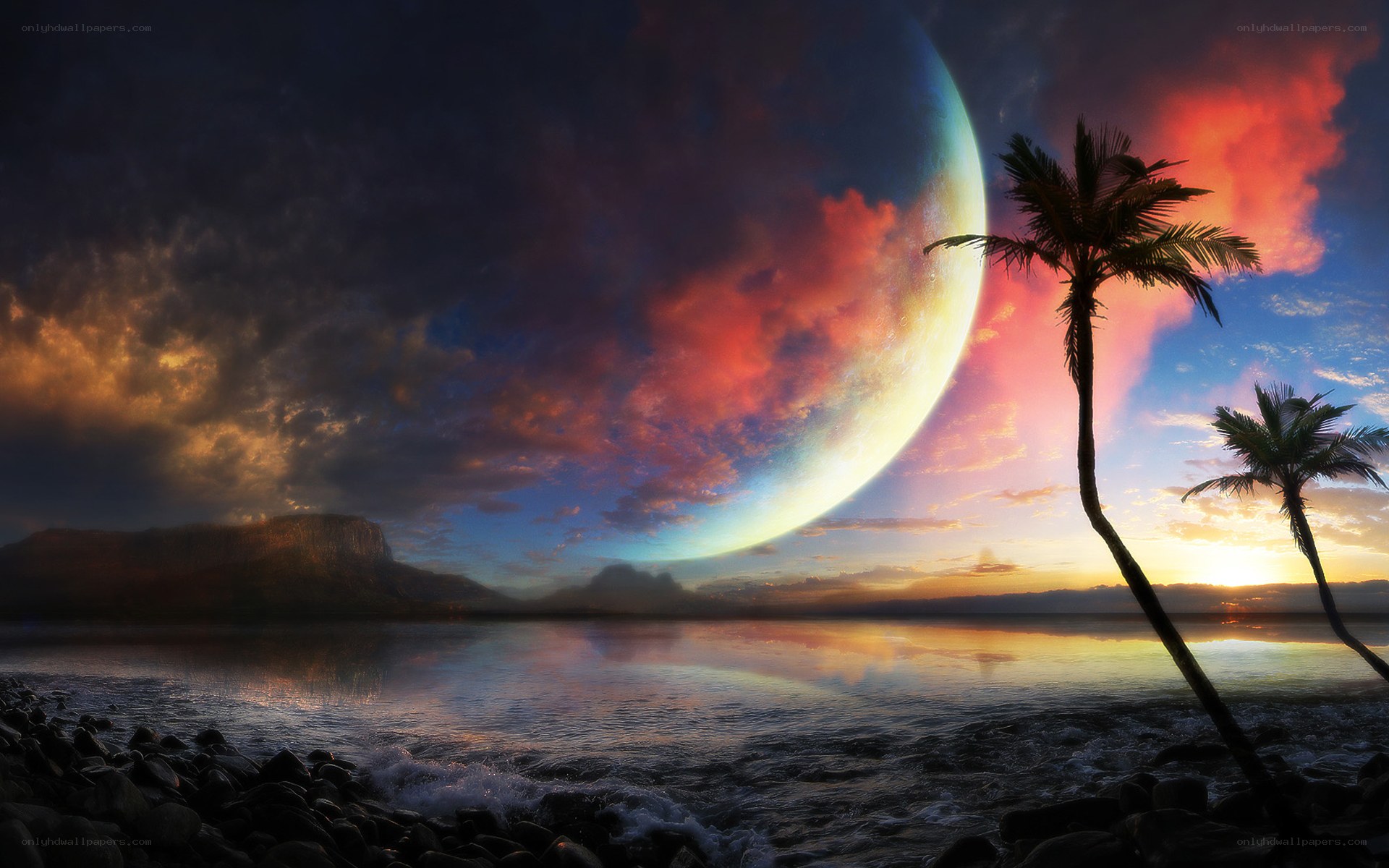 Alien planet sunset with moon