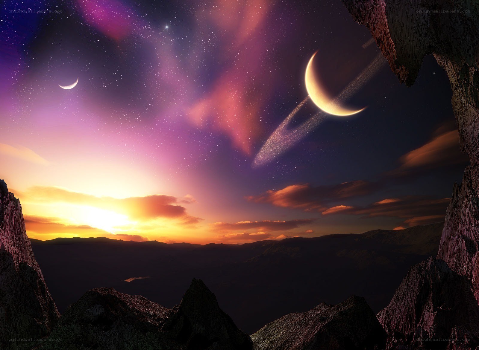 alien planet sunset with moons