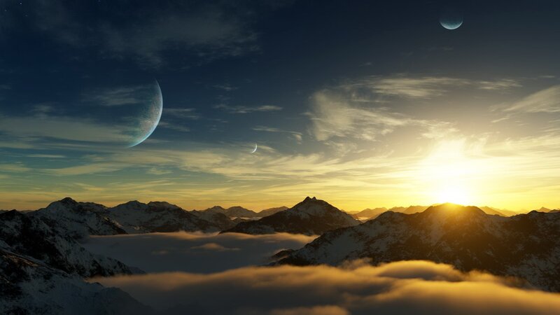 Alien planet sunset with moons