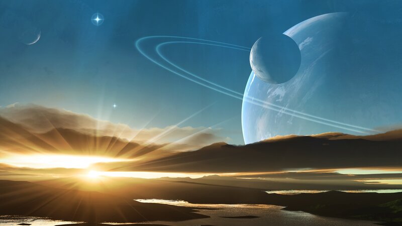 alien planet sunset with rings