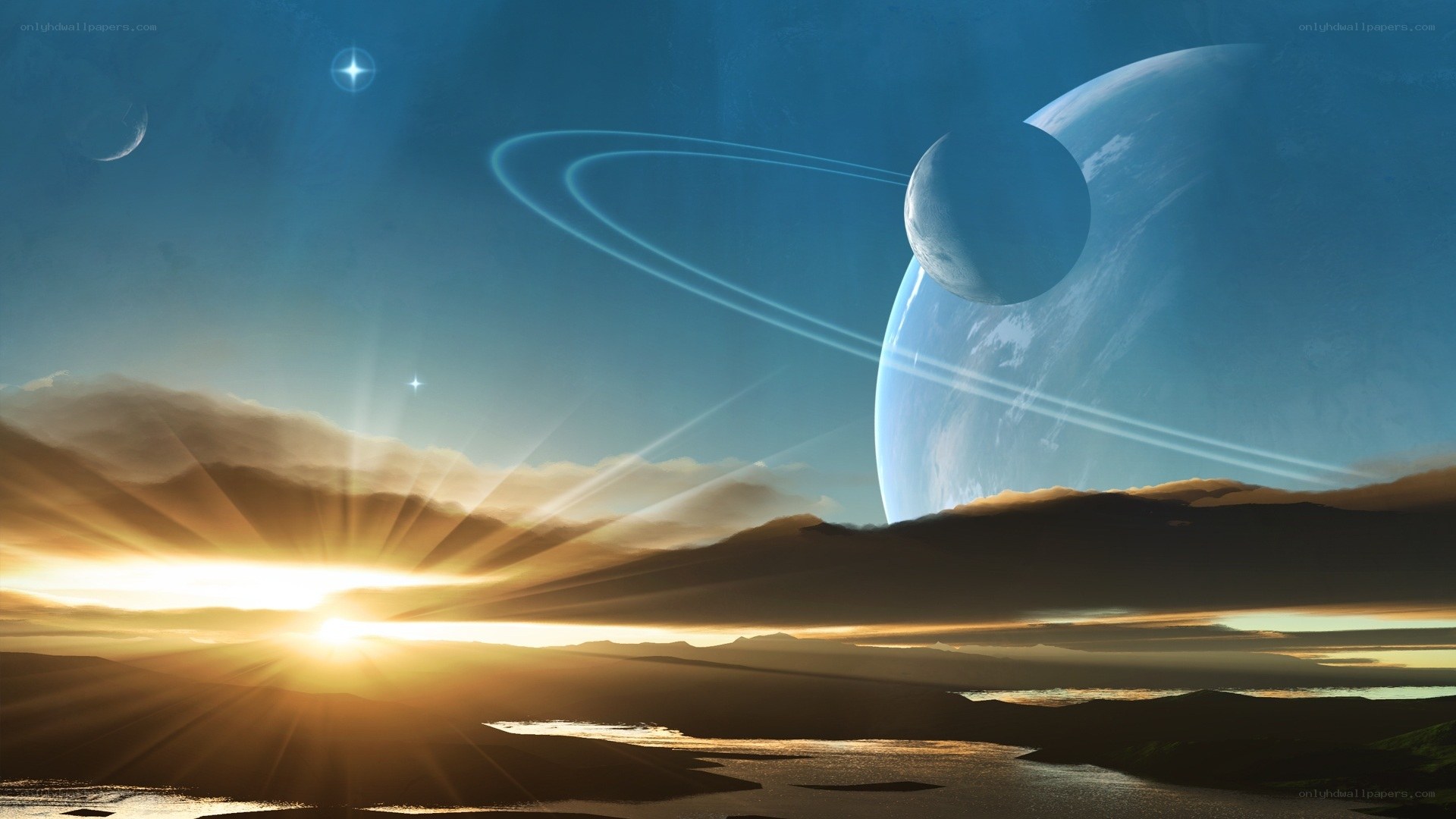 alien planet sunset with rings