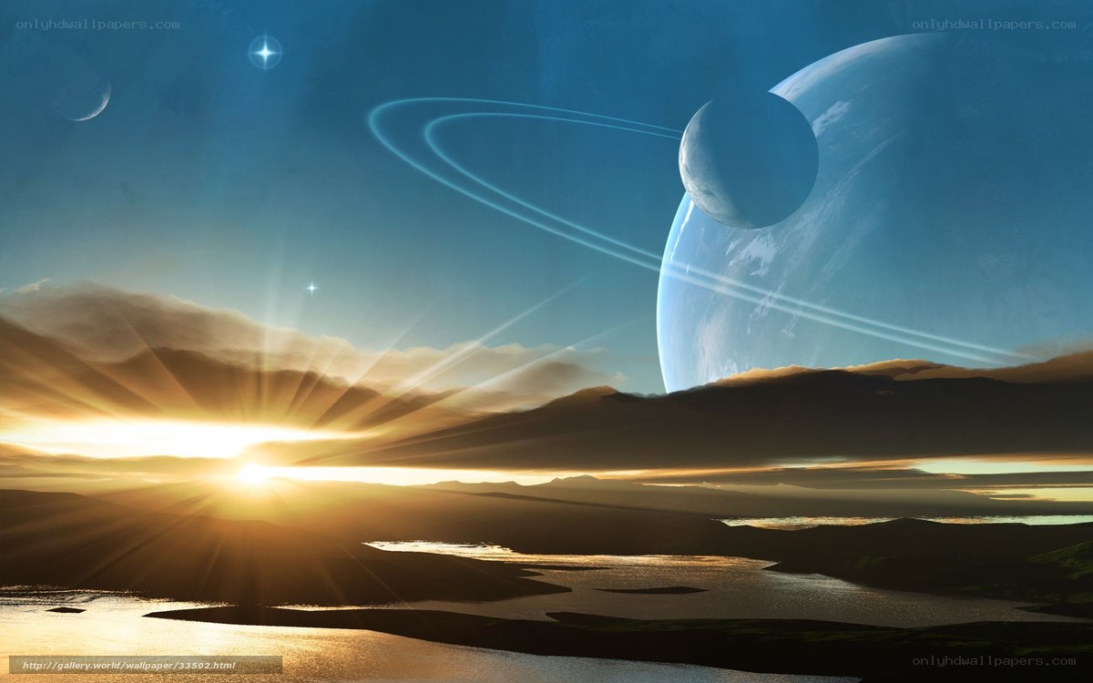 Alien planet sunset with rings
