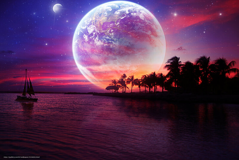 Alien planet sunset with sailboat