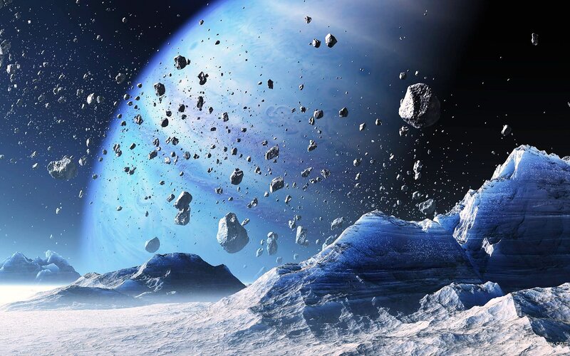 Alien Planet Surface — Blue, Dramatic, Digital Art, Asteroids