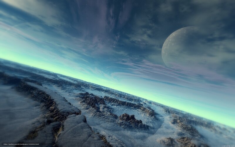 Alien Planet Surface — Blue, Dramatic, Digital Art, Moon, Clouds