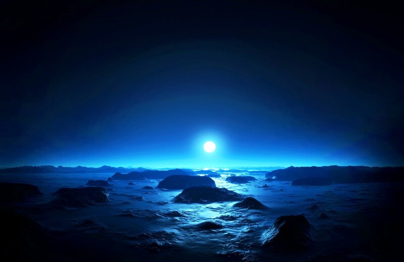 Alien Planet Surface — Blue, Dramatic, Night, Digital Art, Moon, Rocks