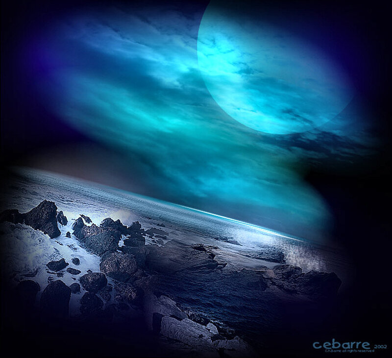 Alien Planet Surface — Blue, Dramatic, Night, Digital Art, Moon