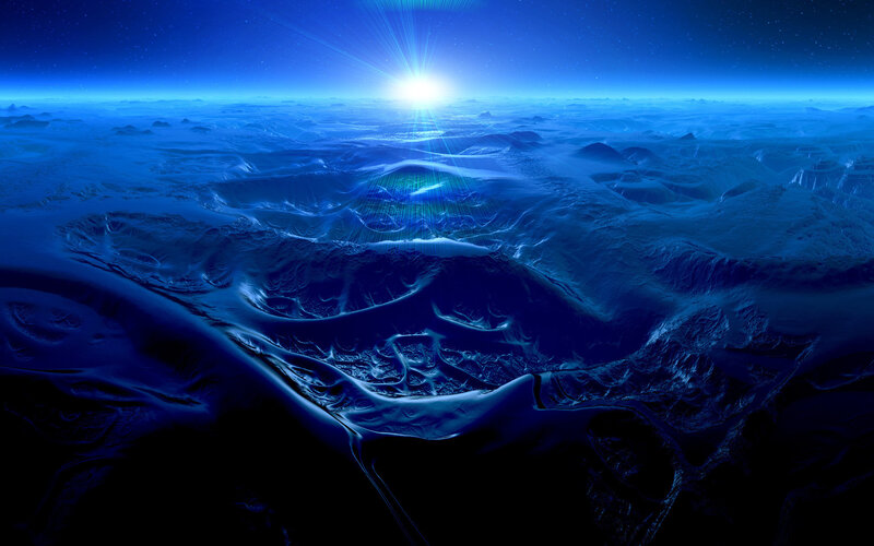 Alien Planet Surface — Blue, Dramatic, Night, Digital Art, Mountains