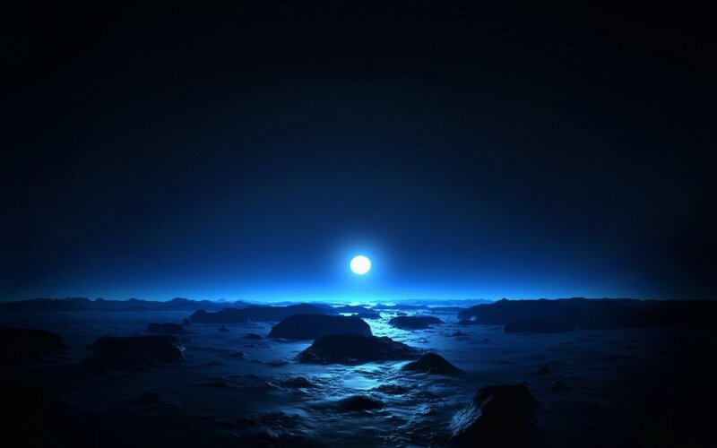 Alien Planet Surface — Blue, Serene, Night, Digital Art, Moon, Rocks, Ocean