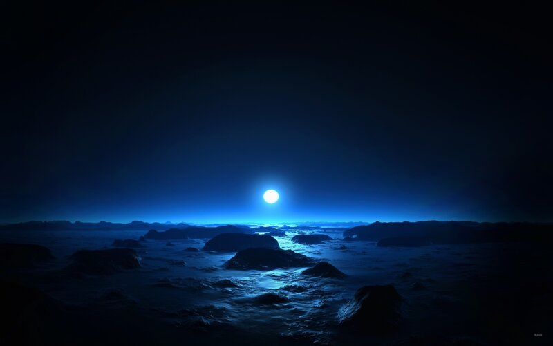 Alien Planet Surface — Blue, Serene, Night, Digital Art