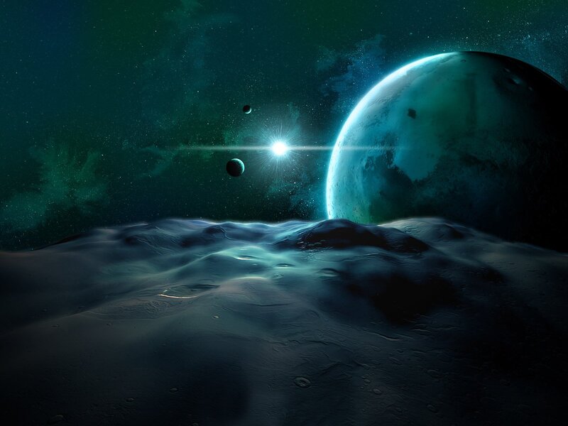 Alien Planet Surface — Green, Dramatic, Night, Digital Art, Moon, Star, Black, Blue