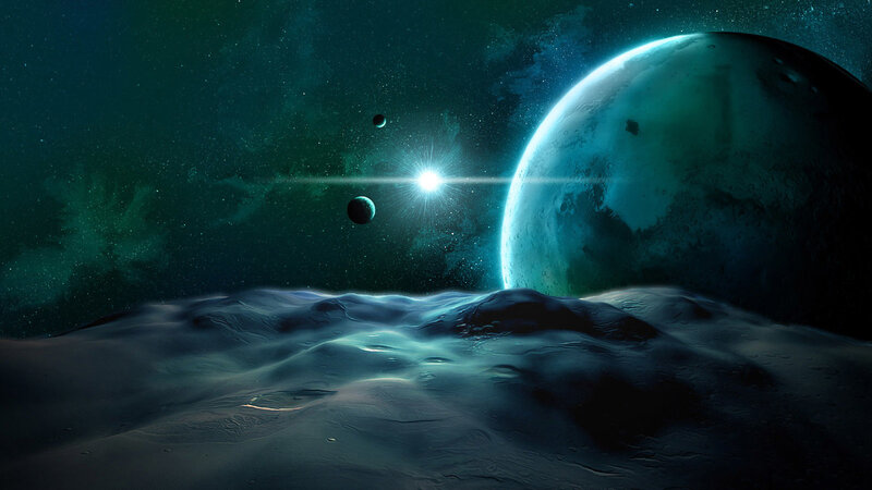 Alien Planet Surface — Green, Dramatic, Night, Digital Art, Moon