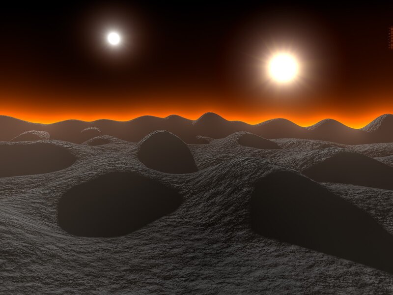 Alien Planet Surface — Orange, Dramatic, Sunset, 3d Render, Two Suns