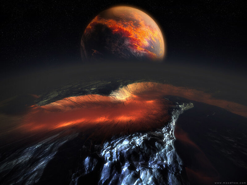 Alien Planet Surface — Red, Dramatic, Night, Digital Art