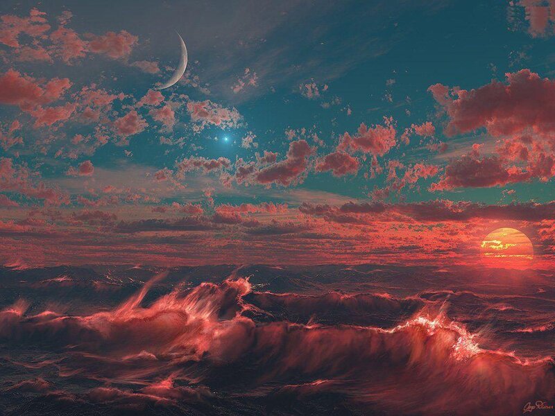 Alien Planet Surface — Red, Dramatic, Sunset, Digital Art