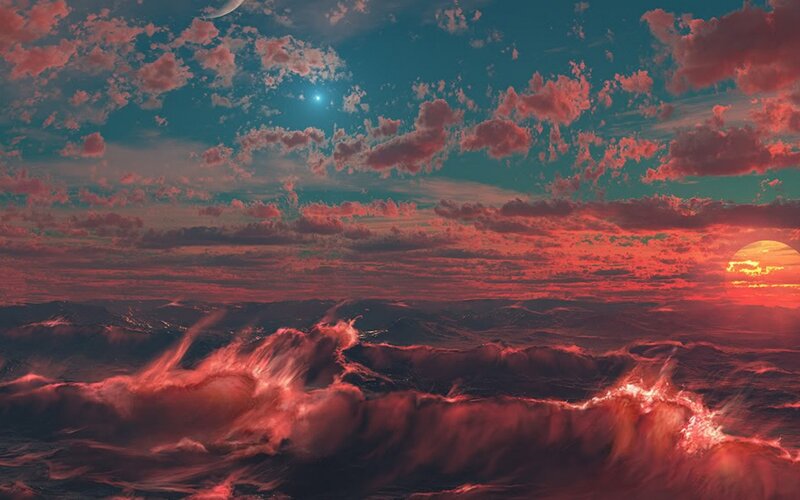 Alien Planet Surface — Red, Dramatic, Sunset