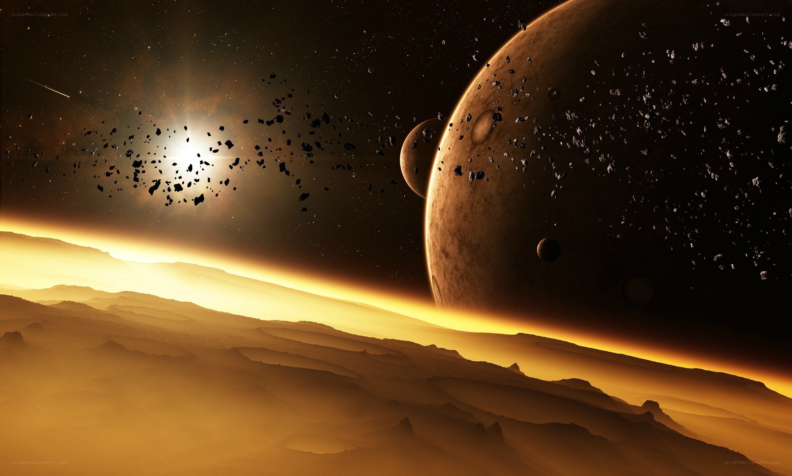 alien planet with asteroid field