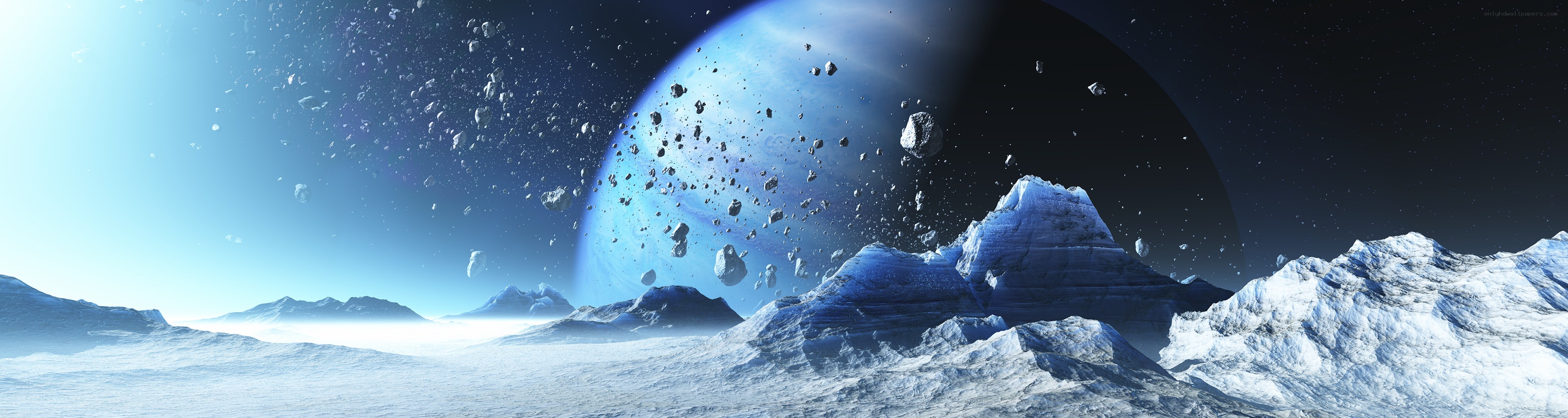 alien planet with asteroid field