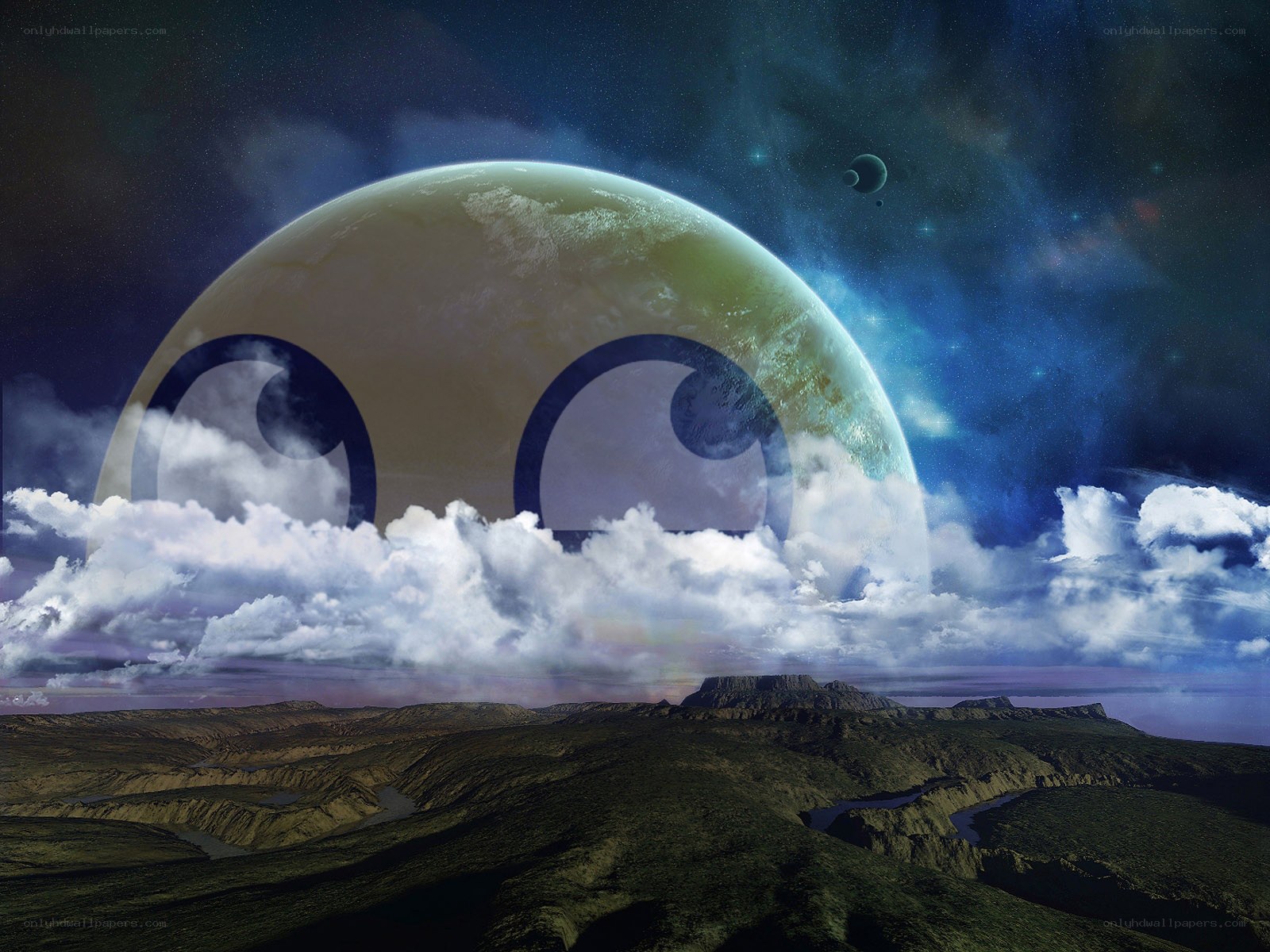 alien planet with cartoon eyes
