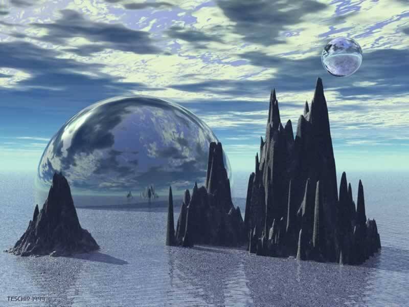 alien planet with floating spheres