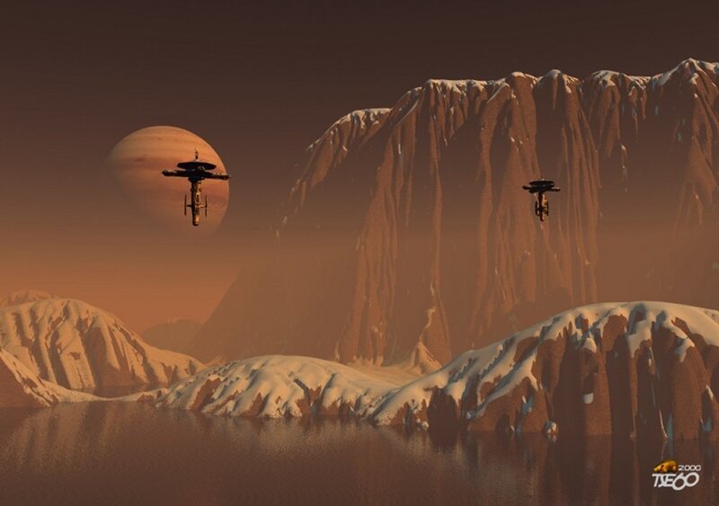 Alien planet with flying vehicles