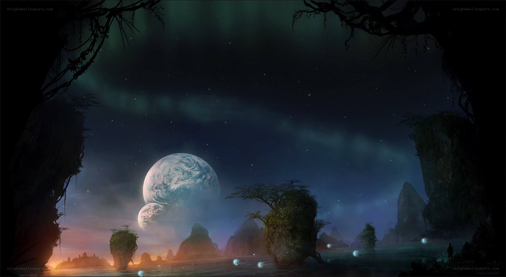 alien planet with glowing orbs