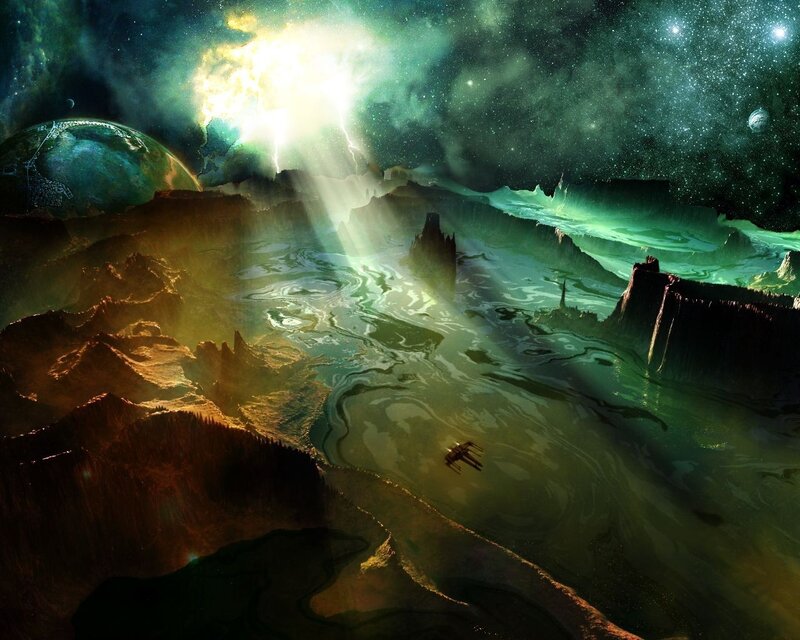 alien planet with glowing river