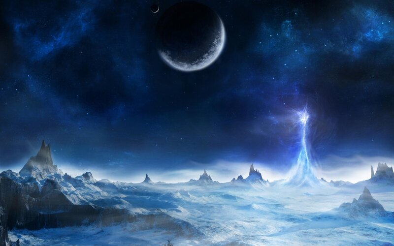alien planet with glowing spire