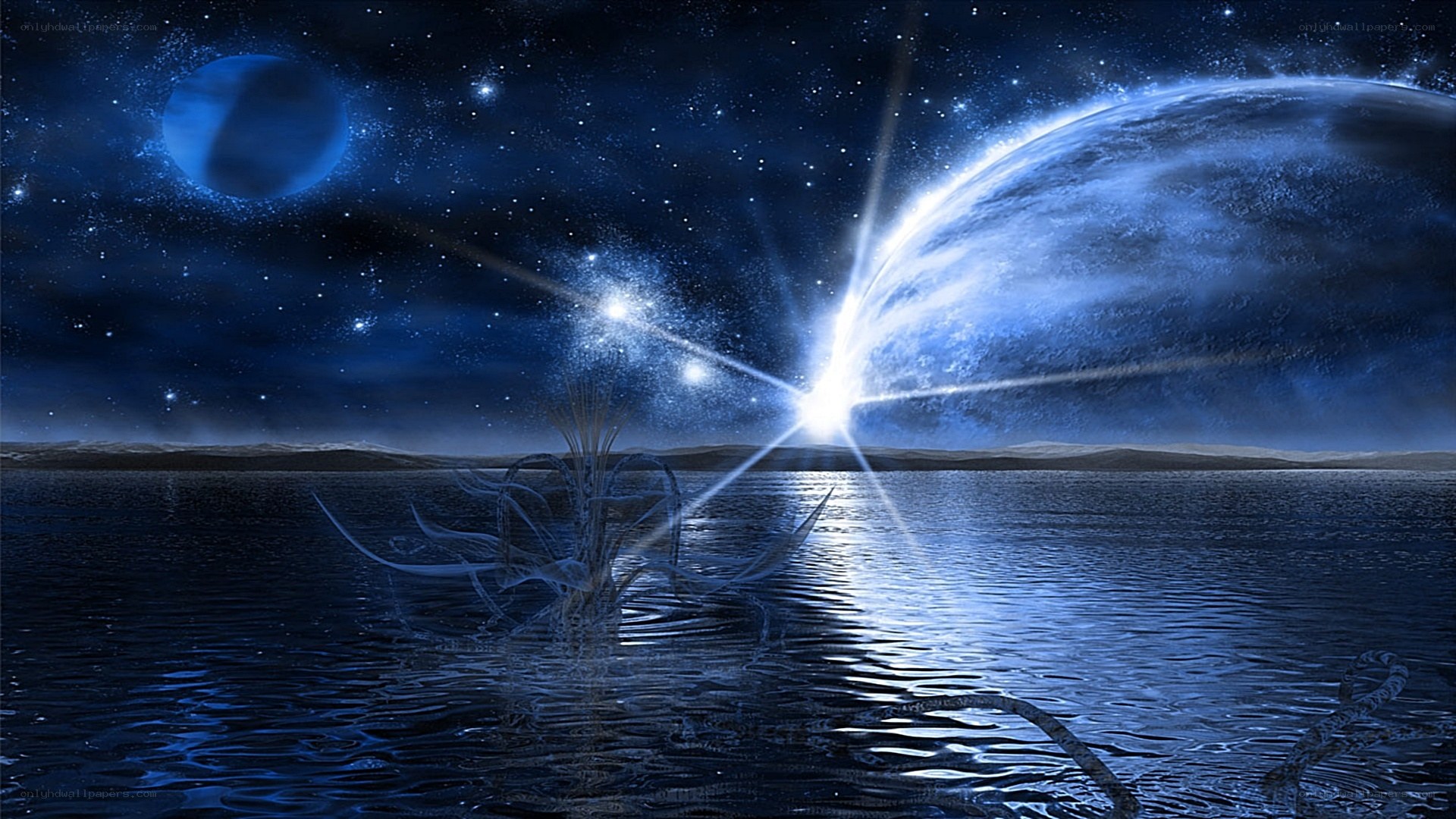 alien planet with glowing water