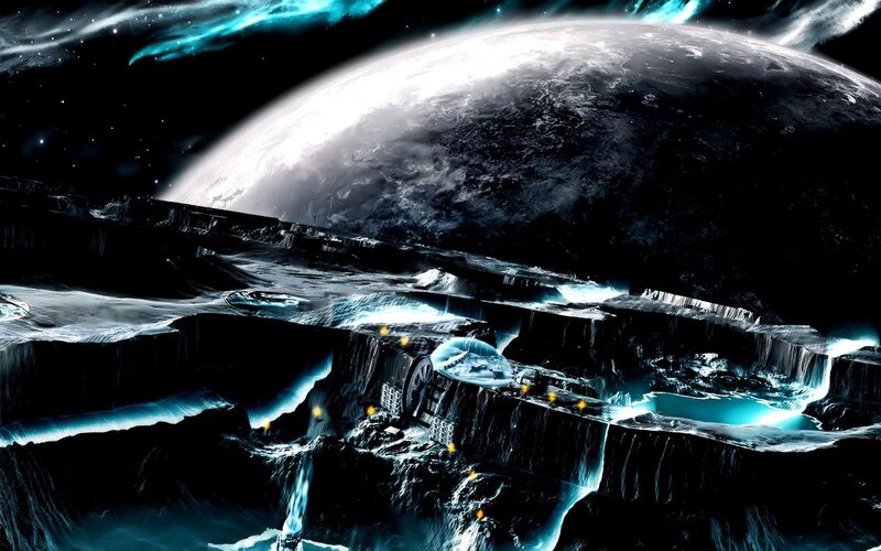 alien planet with glowing waterfalls