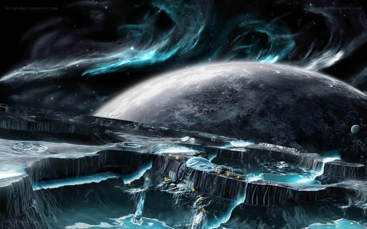 Alien planet with glowing waterfalls