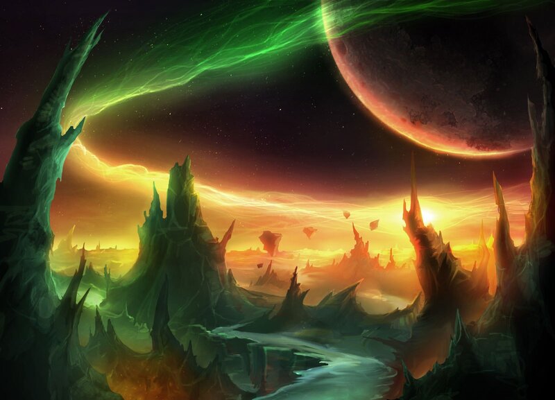 alien planet with green aurora